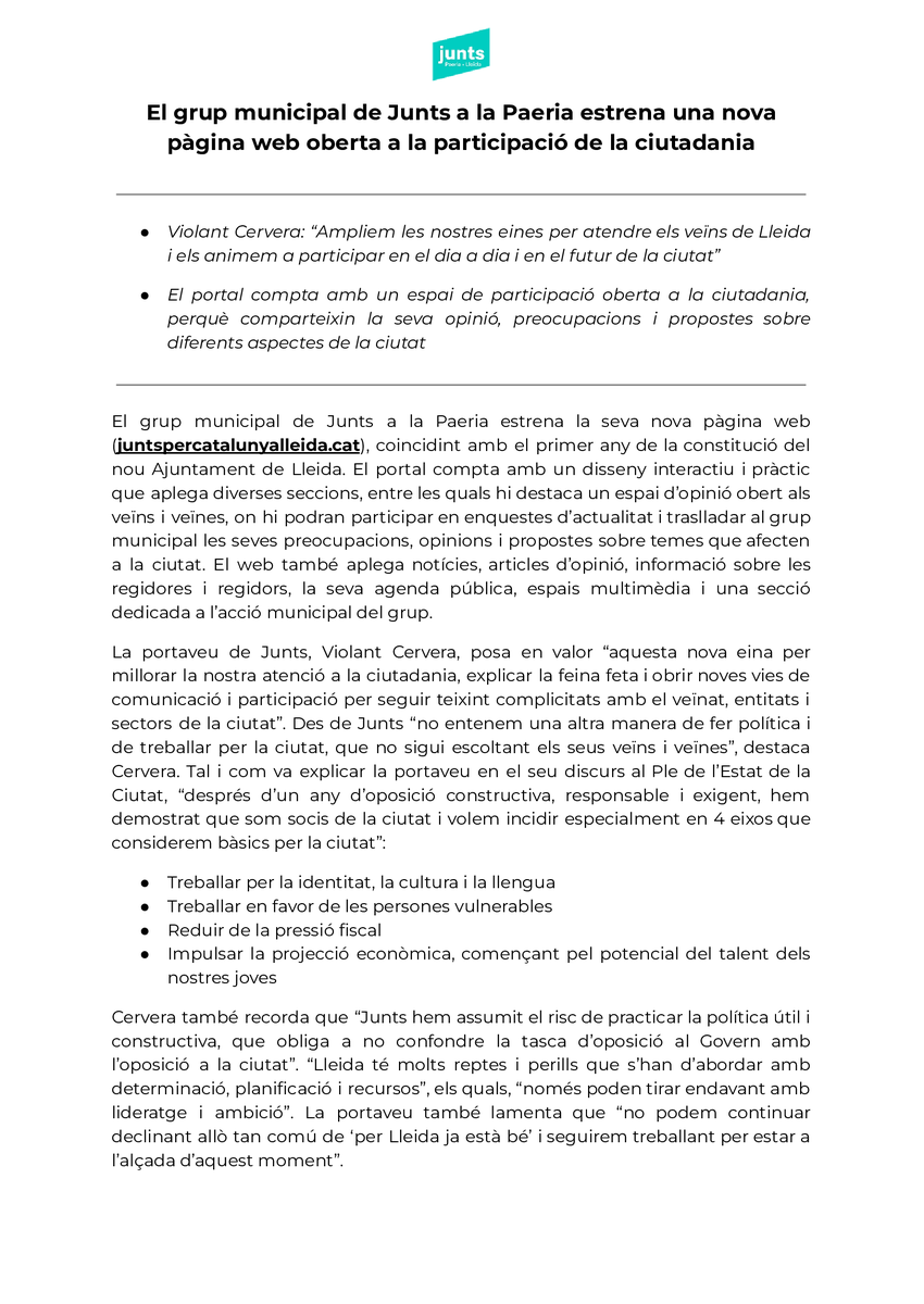 Grup Municipal de Junts per Catalunya a la Paeria tweet media