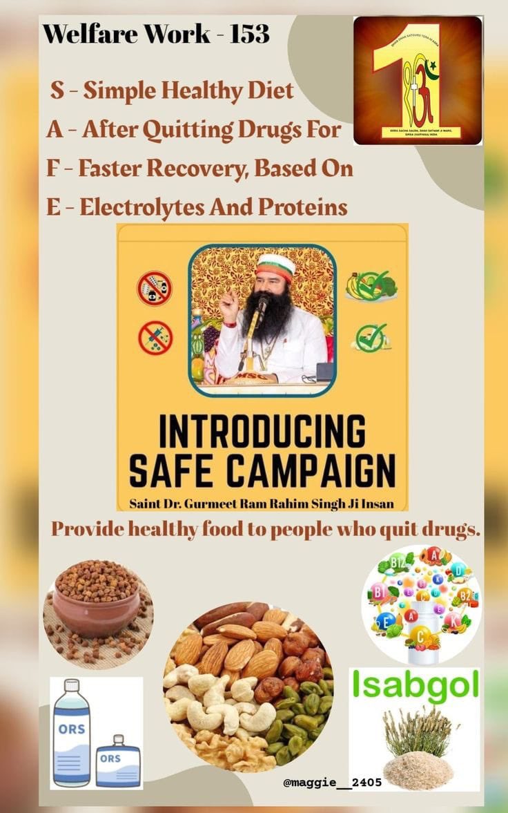 JyotiIn10320112's tweet photo. Saint Dr MSG launched safe campaign is a quick remedy for rebuilding the body strength. Safe campaign is a way to healthy living and quick recovery by availing nutritional diet to those who quit drugs.
#SAFE #SAFEcampaign
#RecoveryFromDrugAddiction https://t.co/sBlK6baeSe