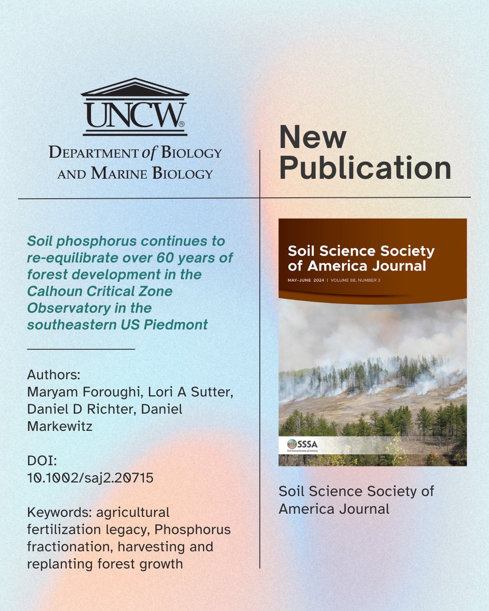 Congrats to our dept's Dr. Lori Sutter for a new publication!

"Soil phosphorus continues to re-equilibrate over 60 years of forest development in the Calhoun Critical Zone Observatory in the southeastern US Piedmont" 
doi.org/10.1002/saj2.2…
#sciencenews #marinebiology #genetics