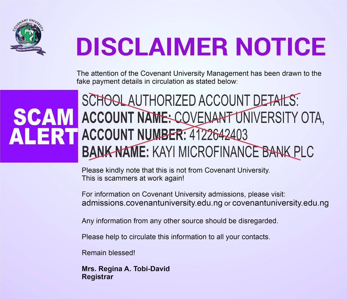 CUHEBRON's tweet photo. Please take note‼️

#SayNoToScammers #CovenantUniversity #CUHebron #BeGuided #PSA #Notice #Disclaimer #CUAdmissions https://t.co/jEDivgckM7