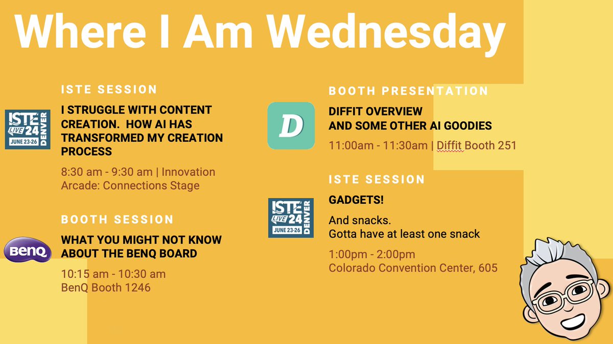 One week from #ISTELive Wednesday, my schedule includes a session I have always wanted to present: How AI has helped this struggling learner with content creation. I then head back to the @benq booth, off to the <a href="/DiffitApp/">Diffit</a> booth, and then an ISTE last-day tradition: Gadgets!
