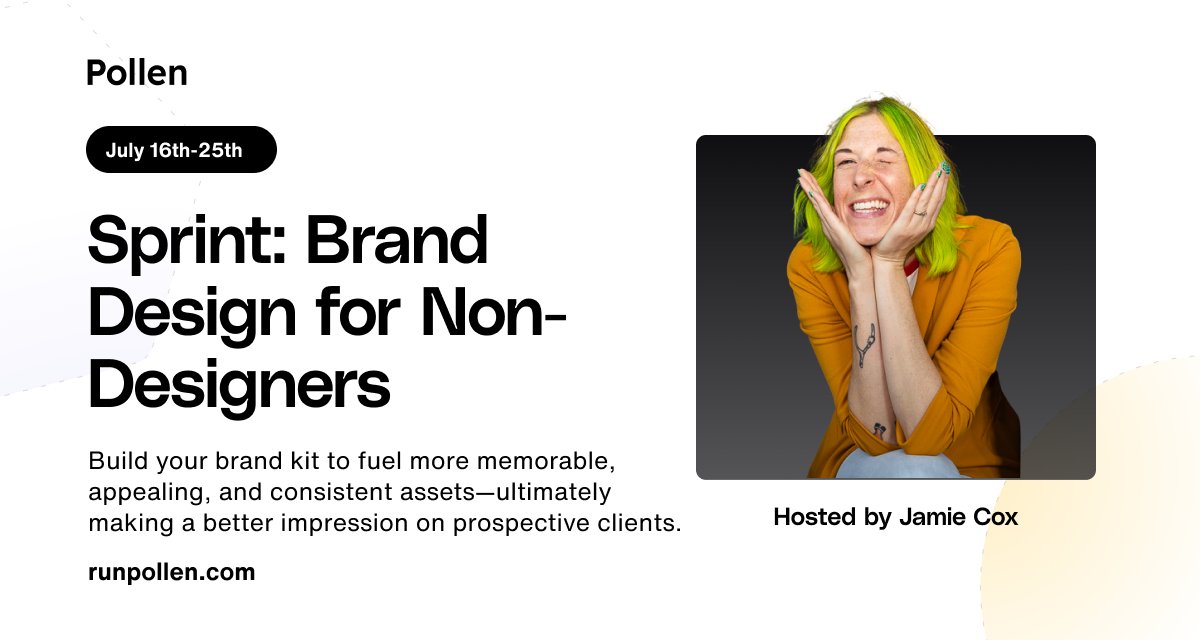 You don’t need graphic design skills to have a consistent visual identity.

Introducing a new Sprint for Pollen members: Brand Design for Non-Designers, led by Expert-in-Residence Jamie Cox. 

Learn what's included here:
runpollen.com/sprint/brand-d…