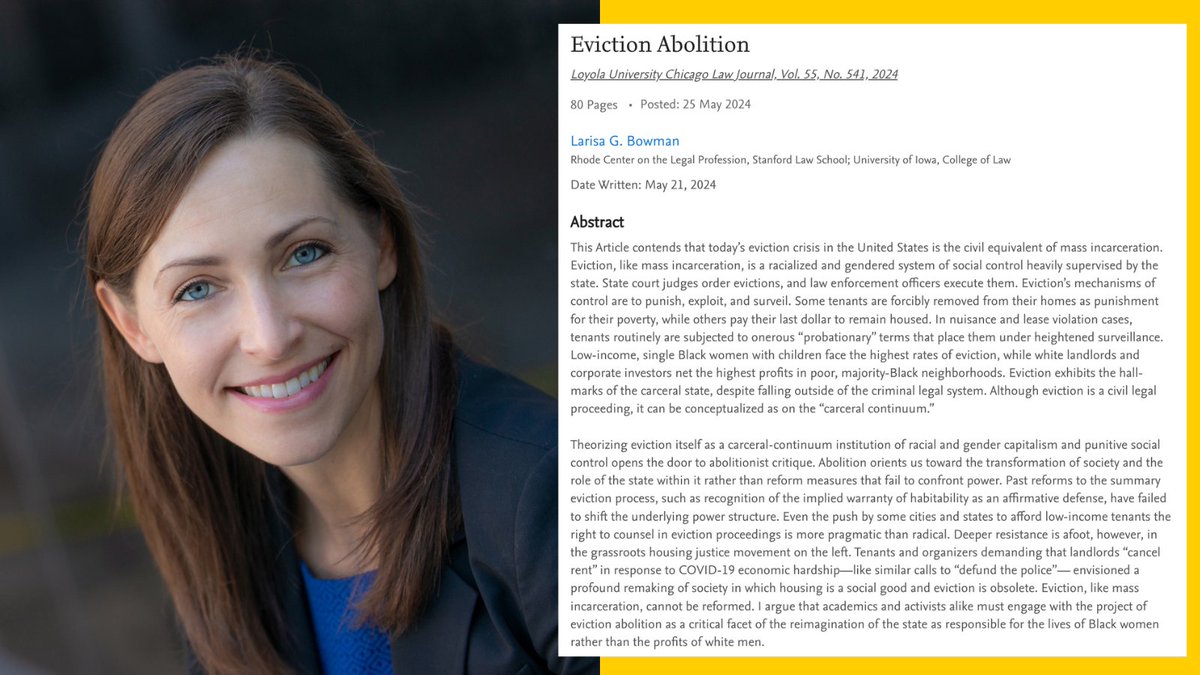 Published in <a href="/LUCLawJournal/">Loyola University Chicago Law Journal</a>, Iowa Law professor <a href="/LarisaGBowman/">Larisa G. Bowman</a>’s article discusses the potential for transformation in eviction policy and its broader implications on society. ow.ly/5flh50SlHOq
