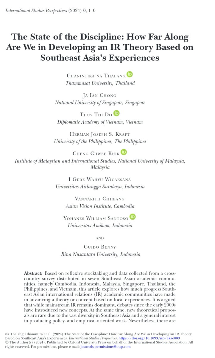 bonnythuy's tweet photo. "The State of the Discipline: How Far Along Are We in Developing an IR Theory Based on Southeast Asia’s Experiences", our take on International Studies Perspectives https://t.co/XgLIUTCb0M https://t.co/rEUvrvrX8u