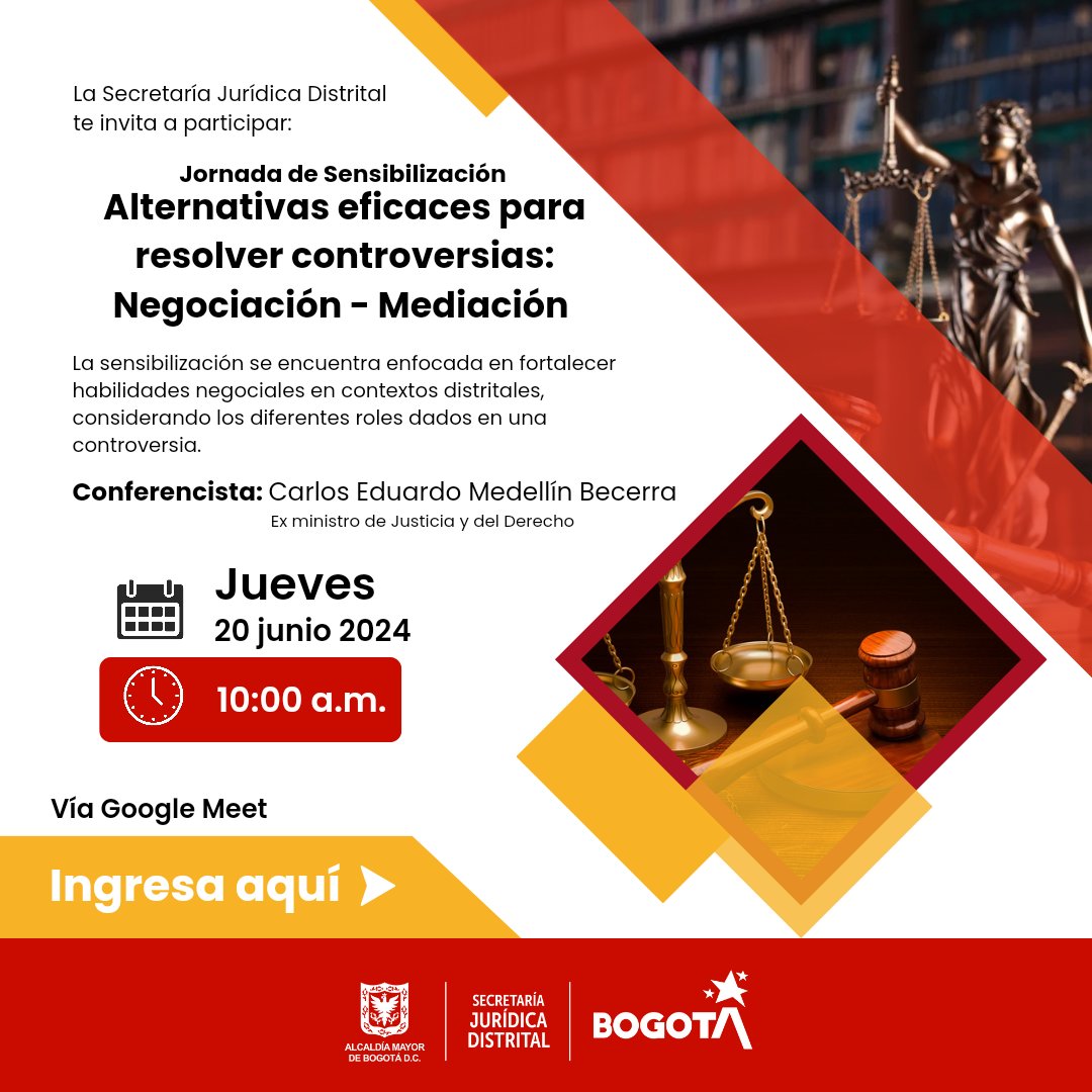 Con la participación de Carlos Medellín, ex Ministro de Justicia y del Derecho,  los invitamos a participar mañana en la Jornada de Sensibilización: Alternativas Eficaces para resolver controversias.

📅 Fecha: 20 de junio

🔗 Enlace de la jornada: stream.meet.google.com/stream/a8a406c…
