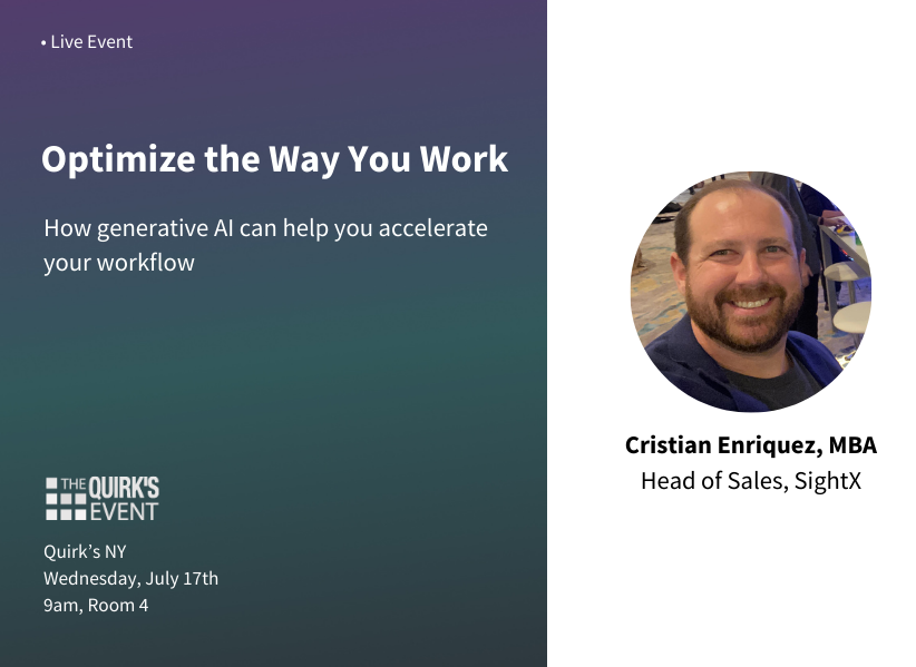 sightx_io's tweet photo. If you want to learn more about generative AI, join our very own Cristian Enriquez as he explores the realities of using this emerging technology. 

Learn about cutting-edge applications, transformative tools and ways to streamline your research work with AI. 

#QuirksNY https://t.co/A3hMRBvFzX