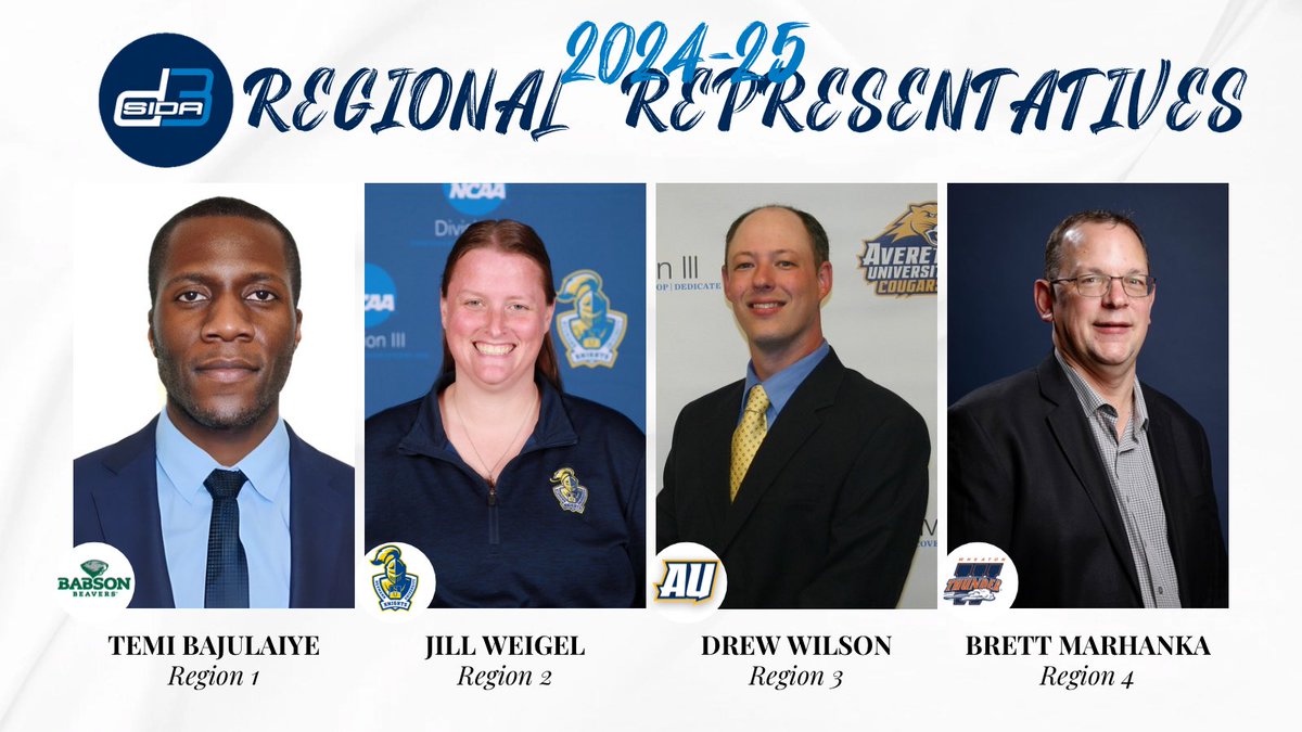 Introducing our 2024-25 Regional Representatives‼️

📍Region 1 - <a href="/Temibaj/">Temi Baj</a> from <a href="/BabsonAthletics/">Babson Athletics</a> 
📍Region 2 - <a href="/jillcw23/">Jill Weigel</a> from <a href="/NeumannKnights/">Neumann Athletics</a> 
📍Region 3 - <a href="/DrewWilsonSID/">Drew Wilson</a> from <a href="/AverettUCougars/">Averett Athletics</a> 
📍Region 4 - <a href="/brettmarhanka/">bmarhanka</a> from <a href="/WThunderbackers/">WheatonThunderbackers</a>