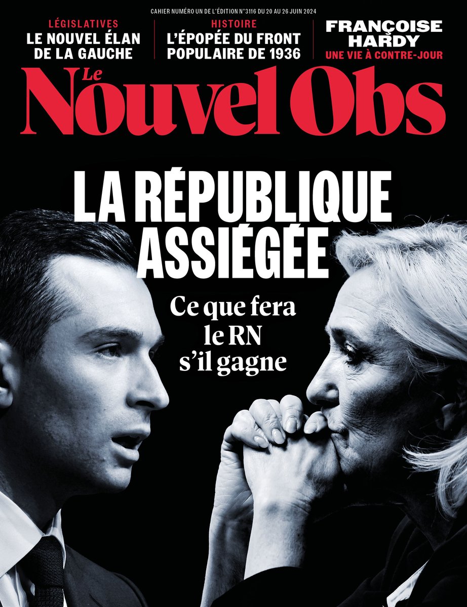 Le Nouvel Obs (@le_nouvelobs) on Twitter photo 🗞️ Cette semaine, le <a href="/Le_NouvelObs/">Le Nouvel Obs</a> montre à quoi ressemblerait l'exercice du pouvoir par l'extrême droite, alors que le Rassemblement national est favori des législatives des 30 juin et 7 juillet prochains. L'hypothèse d'une victoire de Jordan Bardella fait peser sur le pays le 🗞️ Cette semaine, le <a href="/Le_NouvelObs/">Le Nouvel Obs</a> montre à quoi ressemblerait l'exercice du pouvoir par l'extrême droite, alors que le Rassemblement national est favori des législatives des 30 juin et 7 juillet prochains. L'hypothèse d'une victoire de Jordan Bardella fait peser sur le pays le