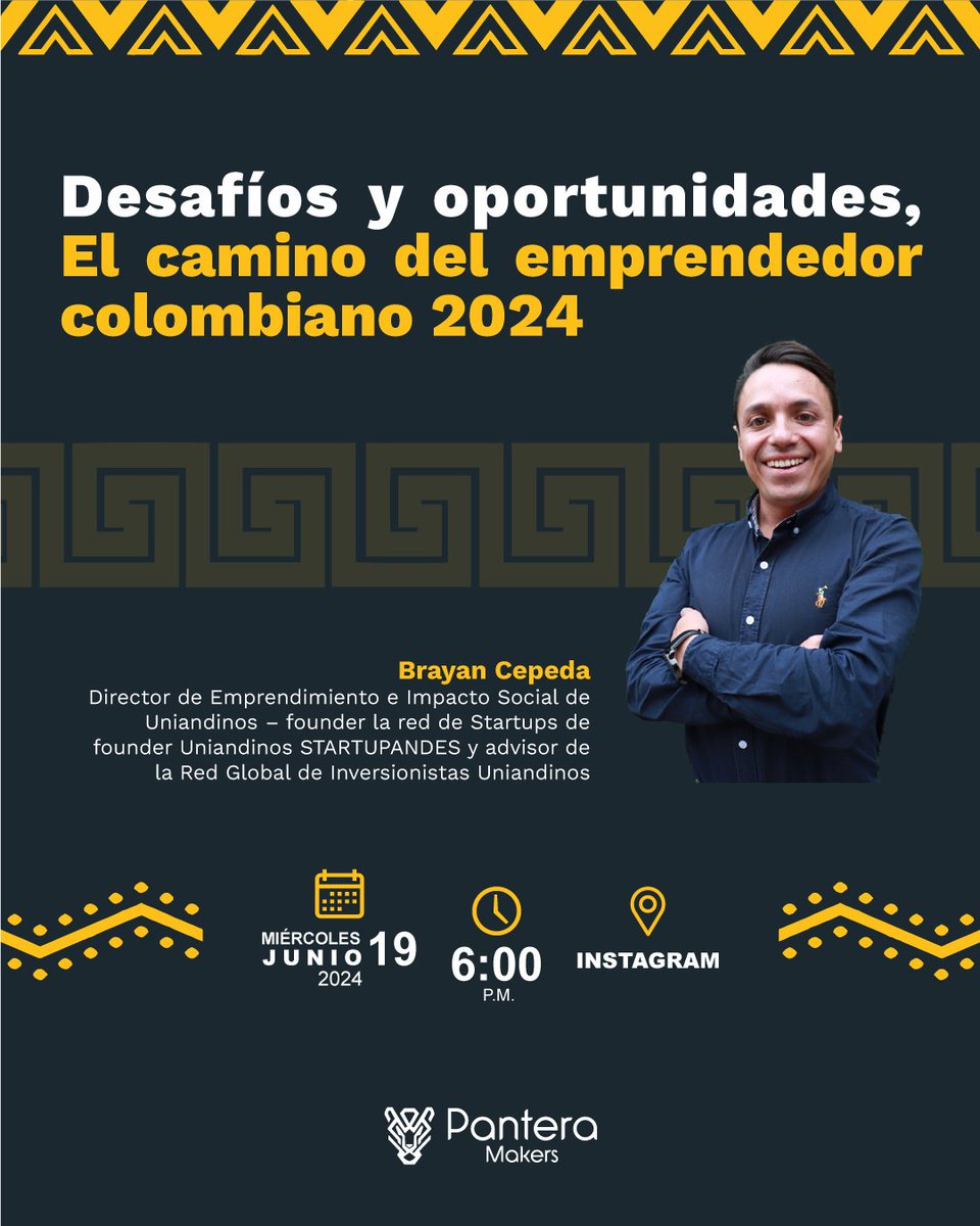 Hoooy 🤩 Retos, desafíos, cambios y oportunidades… el camino del emprendedor colombiano está cargado de matices que es necesario conversarlo
En esta ocasión, nos acompaña @brancep16 Director de Emprendimiento e Impacto Social de Uniandinos
⏰ 6:00 pm
📅 19 de junio 
📍Instagram