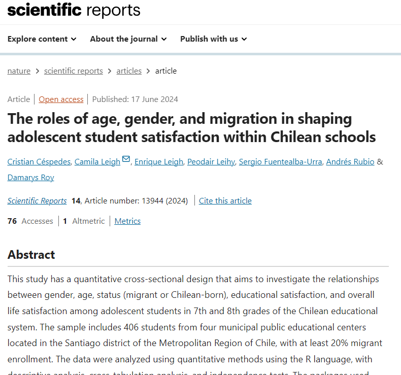 🇨🇱 Estudio en Chile reveló que los estudiantes más jóvenes están más contentos con su educación y las relaciones que forman con sus compañeros, pero los estudiantes extranjeros mayores tienden a estar menos satisfechos con estas relaciones.

Paper: doi.org/10.1038/s41598…