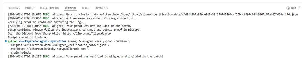 Just submitted proof via <a href="/alignedlayer/">Aligned</a>. 
I am now #aligned ✅

explorer.alignedlayer.com/batches/0xc4d9…