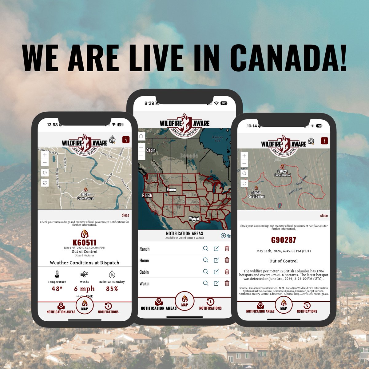 BIG NEWS!

We are offically live in Canada for alerting. We have been working hard to source the most authoriative information. We know that it is not perfect, but we will continue to improve as source information improves.

#AreYouWildfireAware #WildfireAware