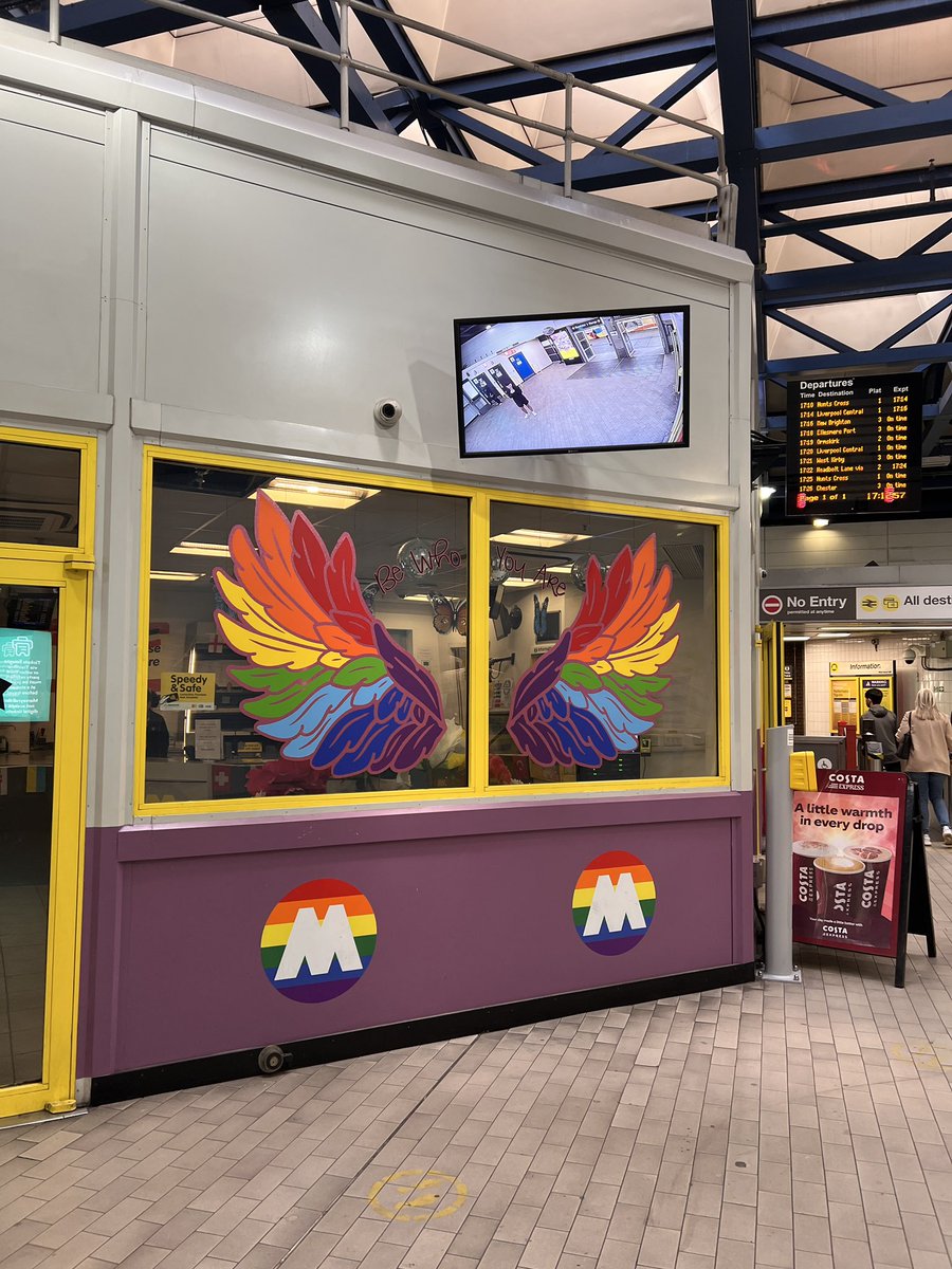 Can I just ask, <a href="/merseyrail/">Merseyrail</a>, why are you promoting someone who holds homophobic, misogynistic and islamophobic views, a mere 10 metres away from artwork that says “be who you are?” 🤔🤕

<a href="/LCRMayor/">Steve Rotheram, Mayor of the Liverpool City Region</a> <a href="/MetroMayorSteve/">Steve Rotheram</a> <a href="/LCRPride/">LCR Pride Foundation</a> <a href="/HomotopiaFest/">Homotopia</a> <a href="/Merseytravel/">Merseytravel</a>