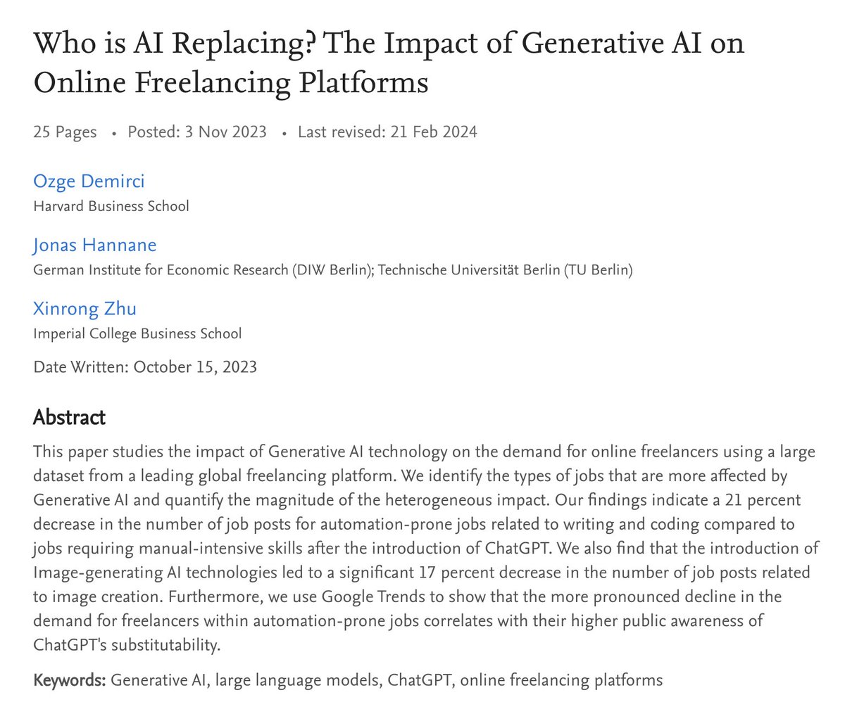 🚨AI paper alert: "Who is AI Replacing? The Impact of Generative AI on Online Freelancing Platforms" by <a href="/ozgedmirci/">Ozge Demirci</a>, @hannanejonas &amp; <a href="/zhu_xinrong/">Xinrong Zhu</a> is a must-read for everyone interested in AI &amp; the job market. Quotes &amp; comments:

"(...) Using data from a global freelancer