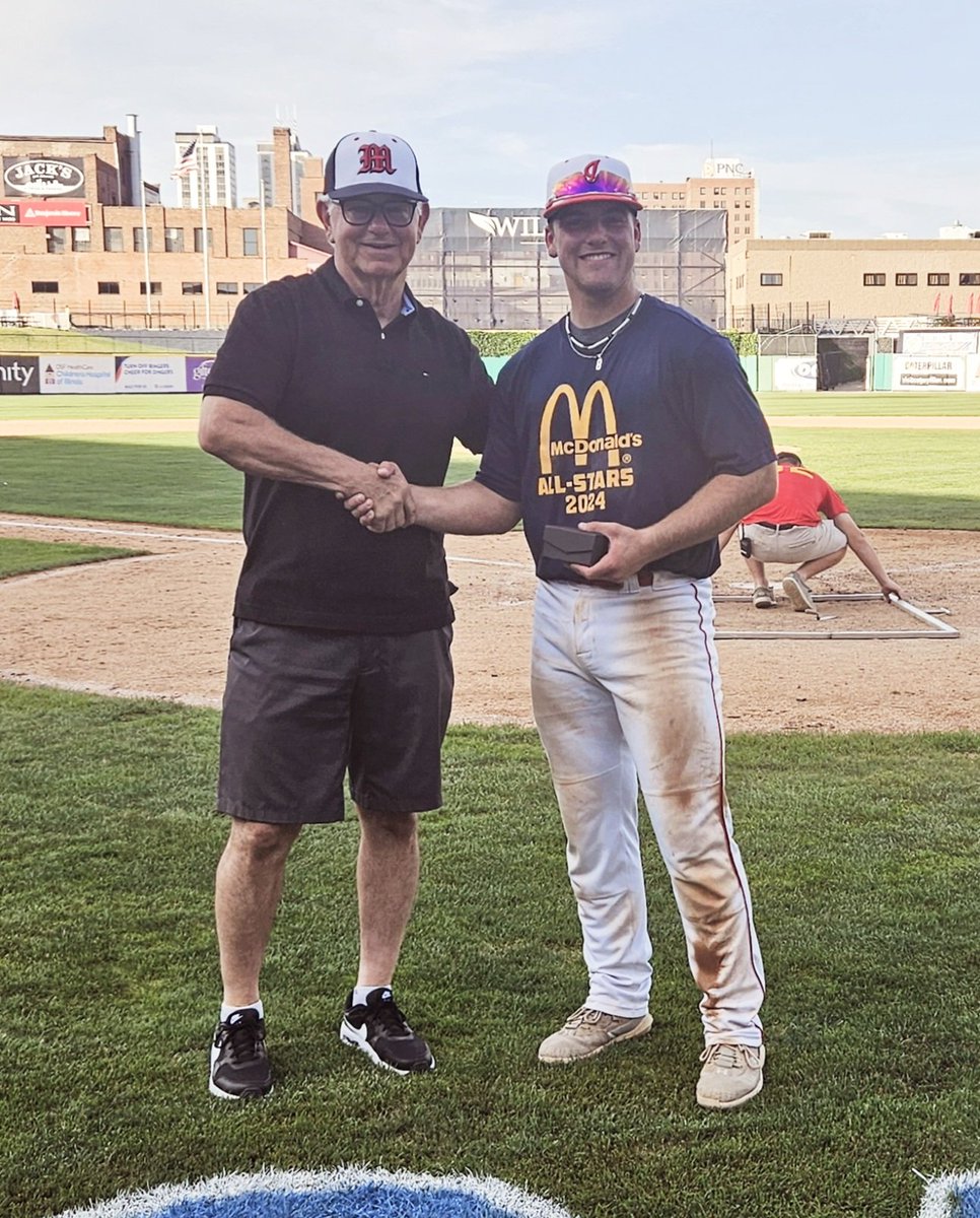 KBinder8's tweet photo. McDonald's All-Star Game at Dozer Park. Played with and against some awesome dudes. Hit a bomb to left and a double off the  wall, and did some work behind the plate. Grateful to have been selected for the Bob Schlemmer Player of the Game Award for large schools. https://t.co/KdSLH5yQjK