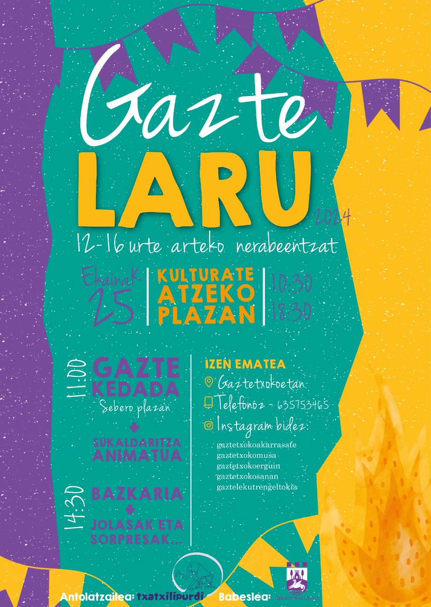 📣Badator Eguzkilaru eta Gaztelaru eguna!!!
Datorren asteartean, haurrak eta nerabeak eguneko protagonista izango dira!!🤸‍♀💜🌈
Abentura gunea, jolas gunea, apar festa, puzgarriak, bazkaria, sorpresak…badatorrela!!!☀🔥

🔗 txatxilipurdi.eus/eguzkilaru-eta…
#eguzkilaru #gaztelaru