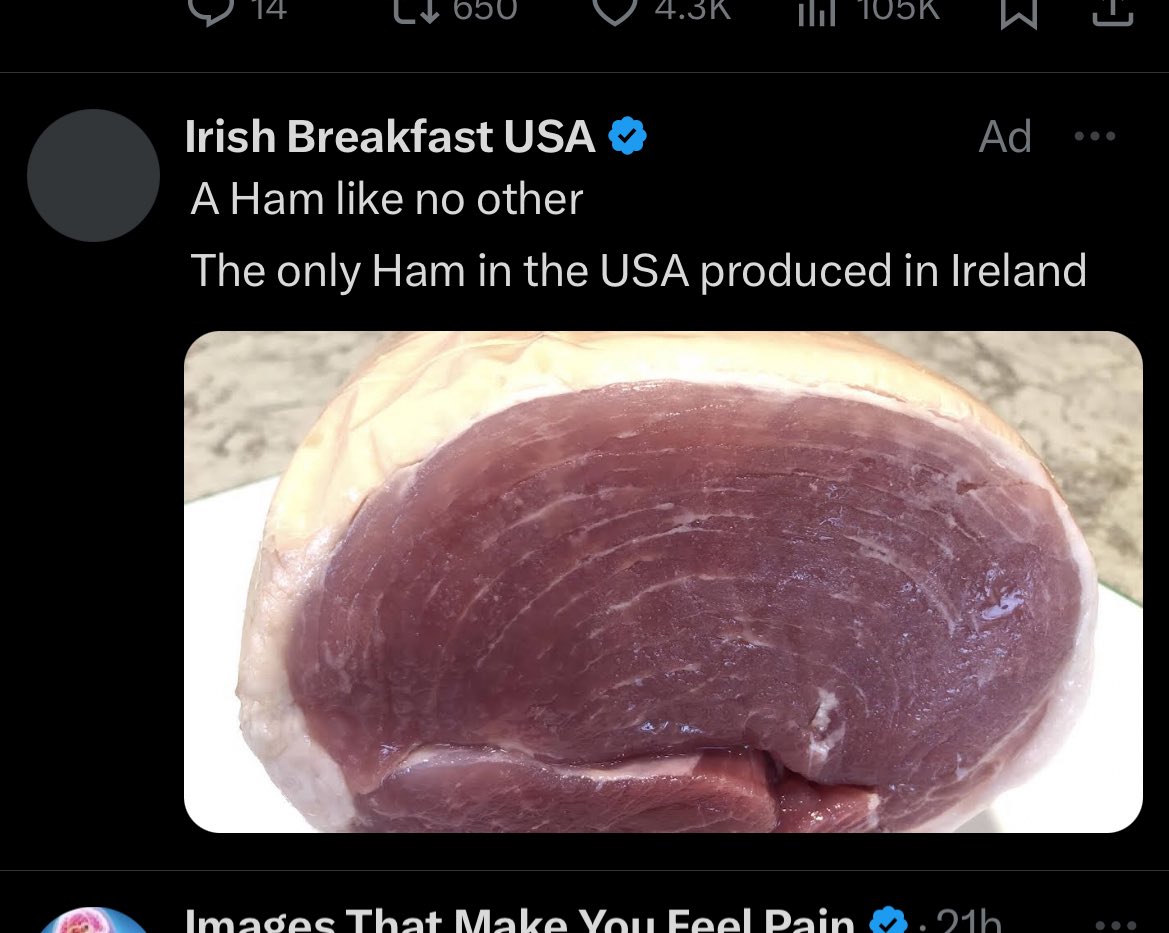 I’ve been blocking every account that posts ads in order to get to the really weird ones.

Today’s find? 👀

Poorly photographed ham.