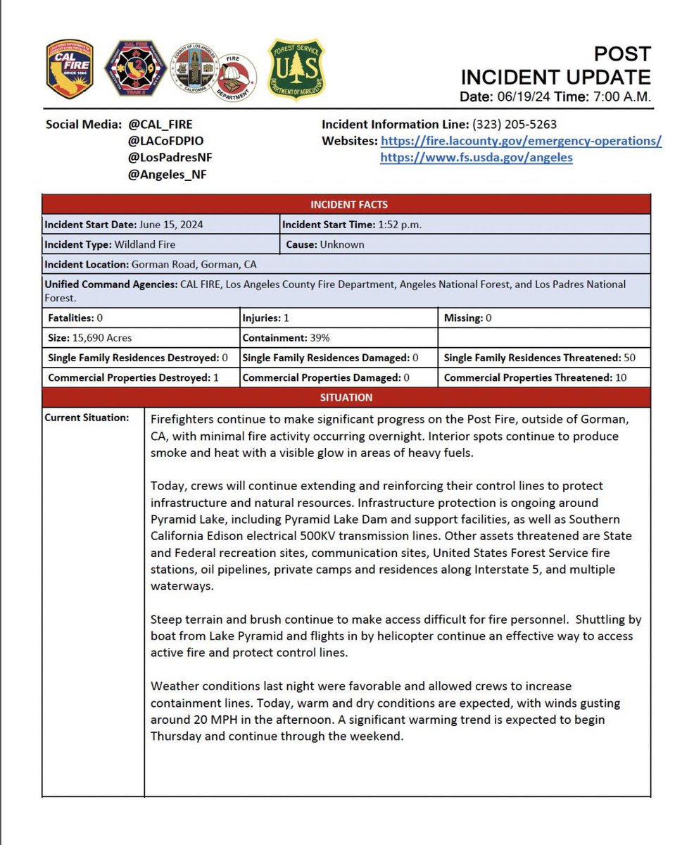 EsselingFire's tweet photo. #PostFire AM Incident Update 6/19/24 https://t.co/J674Eaj3WZ