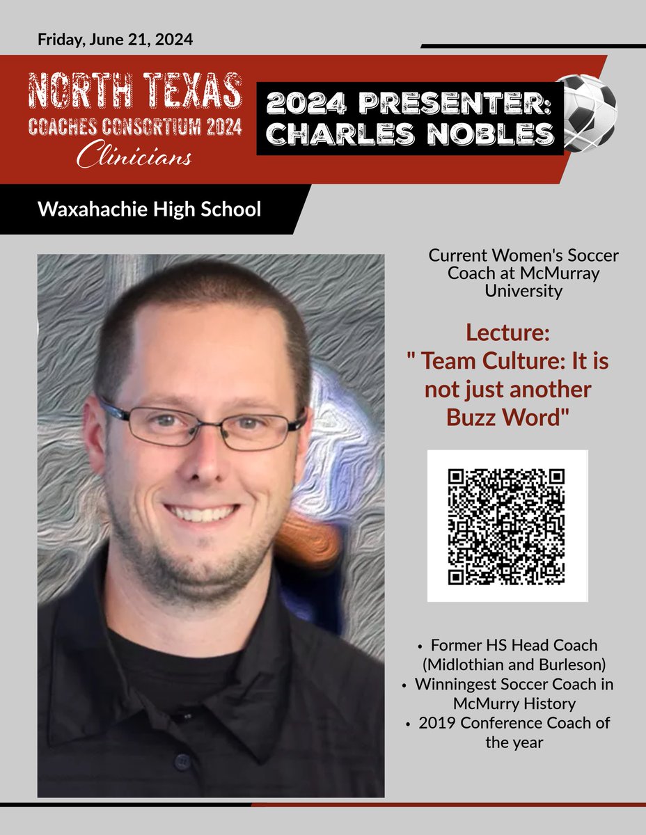 LadyNDNSoccer (@ladyndnsoccer) on Twitter photo Our 11th and final speaker is Charles Nobles, head womenโs soccer coach at McMurry University. Charles has provided his Team Culture PPT to view prior to the clinic and he will be available Friday for questions or clarification. <a href="/tascosoccer/">TASCO</a> <a href="/50_50Pod/">The 50/50 Podcast โฝ๏ธ๐</a> <a href="/hachiesports/">Waxahachie ISD Athletics</a> <a href="/WaxahachieISD/">Waxahachie ISD</a> Our 11th and final speaker is Charles Nobles, head womenโs soccer coach at McMurry University. Charles has provided his Team Culture PPT to view prior to the clinic and he will be available Friday for questions or clarification. <a href="/tascosoccer/">TASCO</a> <a href="/50_50Pod/">The 50/50 Podcast โฝ๏ธ๐</a> <a href="/hachiesports/">Waxahachie ISD Athletics</a> <a href="/WaxahachieISD/">Waxahachie ISD</a>