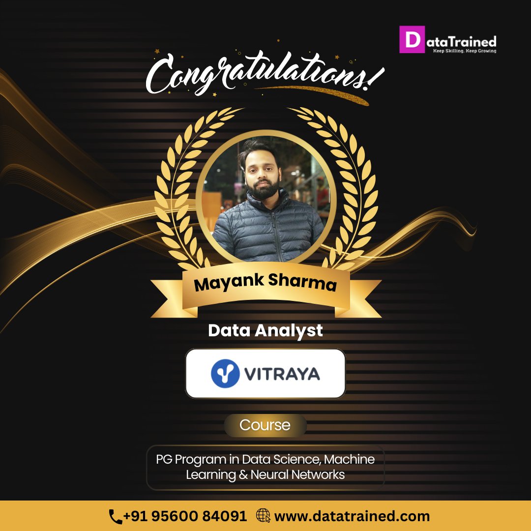 data_trained's tweet image. ✅𝐂𝐨𝐧𝐠𝐫𝐚𝐭𝐬 𝐌𝐚𝐲𝐚𝐧𝐤 𝐒𝐡𝐚𝐫𝐦𝐚 𝐨𝐧 𝐲𝐨𝐮𝐫 𝐧𝐞𝐰 𝐣𝐨𝐛 !!
✅Placed at 𝐕𝐢𝐭𝐫𝐚𝐲𝐚 𝐓𝐞𝐜𝐡𝐧𝐨𝐥𝐨𝐠𝐢𝐞𝐬 as a 𝐃𝐚𝐭𝐚 𝐀𝐧𝐚𝐥𝐲𝐬𝐭.
✅Many congratulations 𝐌𝐚𝐲𝐚𝐧𝐤 𝐒𝐡𝐚𝐫𝐦𝐚
👉👉𝐄𝐧𝐫𝐨𝐥𝐥 𝐧𝐨𝐰 : bit.ly/3mzPrpd
#datatrained