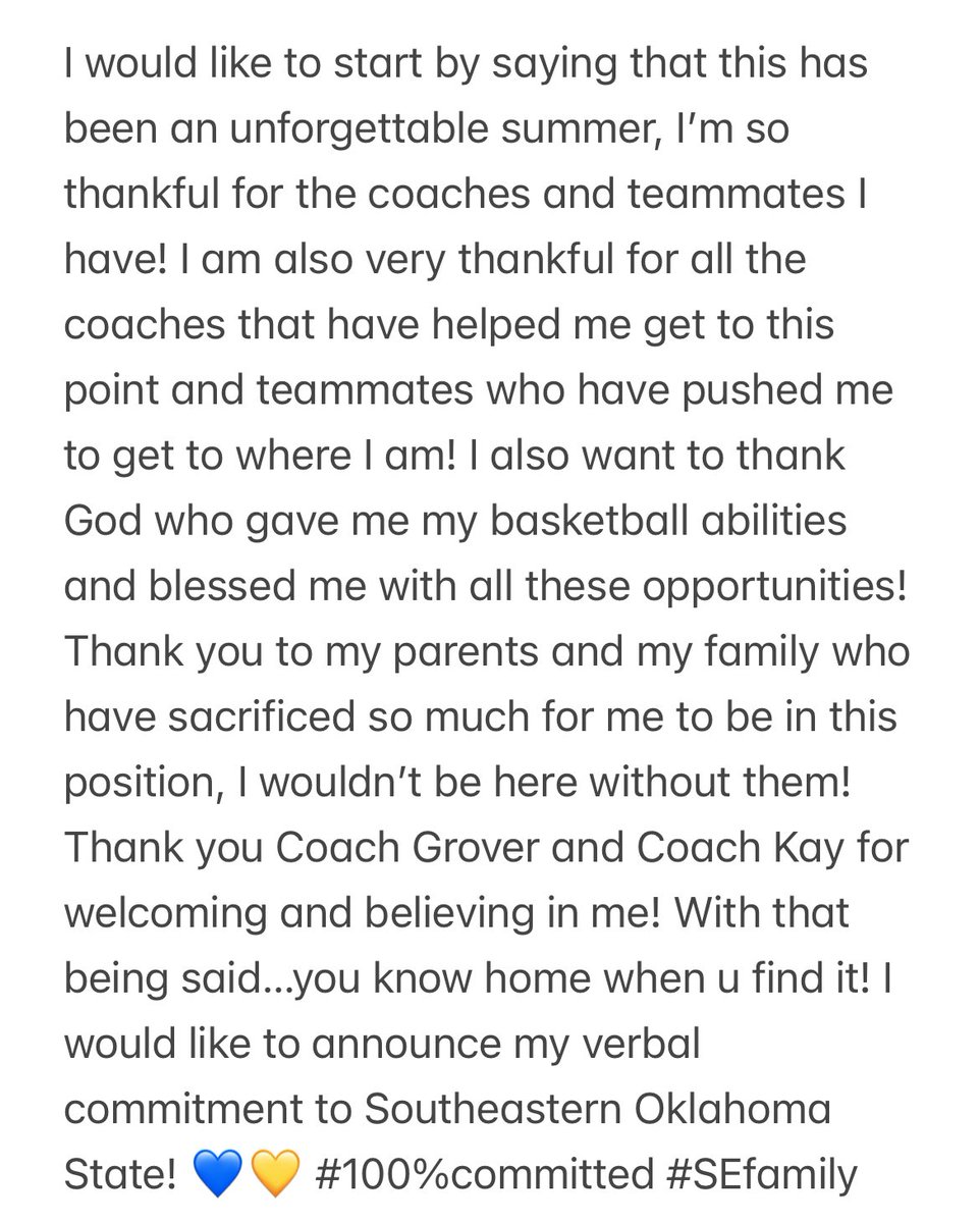 Chloe Eversole 2025 (@2025_chloe) on Twitter photo Thank you Coach Grover and Coach Kay for believing in me! I would like to announce my verbal commitment to Southeastern Oklahoma State! ππ
<a href="/daringrover/">Darin Grover</a> <a href="/CoachKay_15/">Kaylie Ragsdale</a> <a href="/SavageStormWBB/">Savage Storm WBB</a> <a href="/TXUBasketball/">Texas U</a> <a href="/CoachRich12/">Rich Anderson</a> <a href="/AmboreeRob/">Rob Amboree</a> <a href="/TeamDynasty2020/">Coach AJ</a> <a href="/dallasthunder1/">Dallas Thunder Basketball</a> <a href="/NCHBCNextLevel/">NCHBC Recruiting</a> Thank you Coach Grover and Coach Kay for believing in me! I would like to announce my verbal commitment to Southeastern Oklahoma State! ππ
<a href="/daringrover/">Darin Grover</a> <a href="/CoachKay_15/">Kaylie Ragsdale</a> <a href="/SavageStormWBB/">Savage Storm WBB</a> <a href="/TXUBasketball/">Texas U</a> <a href="/CoachRich12/">Rich Anderson</a> <a href="/AmboreeRob/">Rob Amboree</a> <a href="/TeamDynasty2020/">Coach AJ</a> <a href="/dallasthunder1/">Dallas Thunder Basketball</a> <a href="/NCHBCNextLevel/">NCHBC Recruiting</a>
