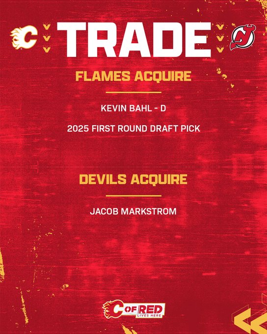 Trade Graphic: Flames acquire Kevin Bahl, 2025 First Round Draft Pick, Devils acquire Jacob Markstrom