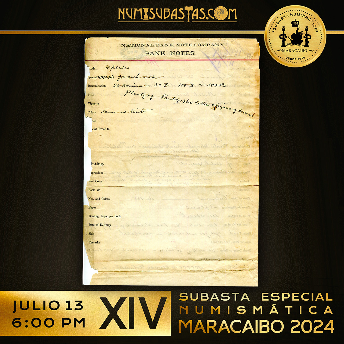 numisubastas's tweet photo. EN SUBASTA:
LOTE# 59-8
CARTA Y FORMULARIO CON LA ORDEN Y DE LOS BILLETES DEL BANCO CARABOBO, 1883
https://t.co/58l9sZdTH1
#SubastasMaracaibo #Numisubastas #Numismatica #Notafilia #Subasta #Carta #Coleccionismo #Historia #Antiguedad #ColeccionismoDeLaHistoria
#CompraHistoria https://t.co/77CB1xeJAp