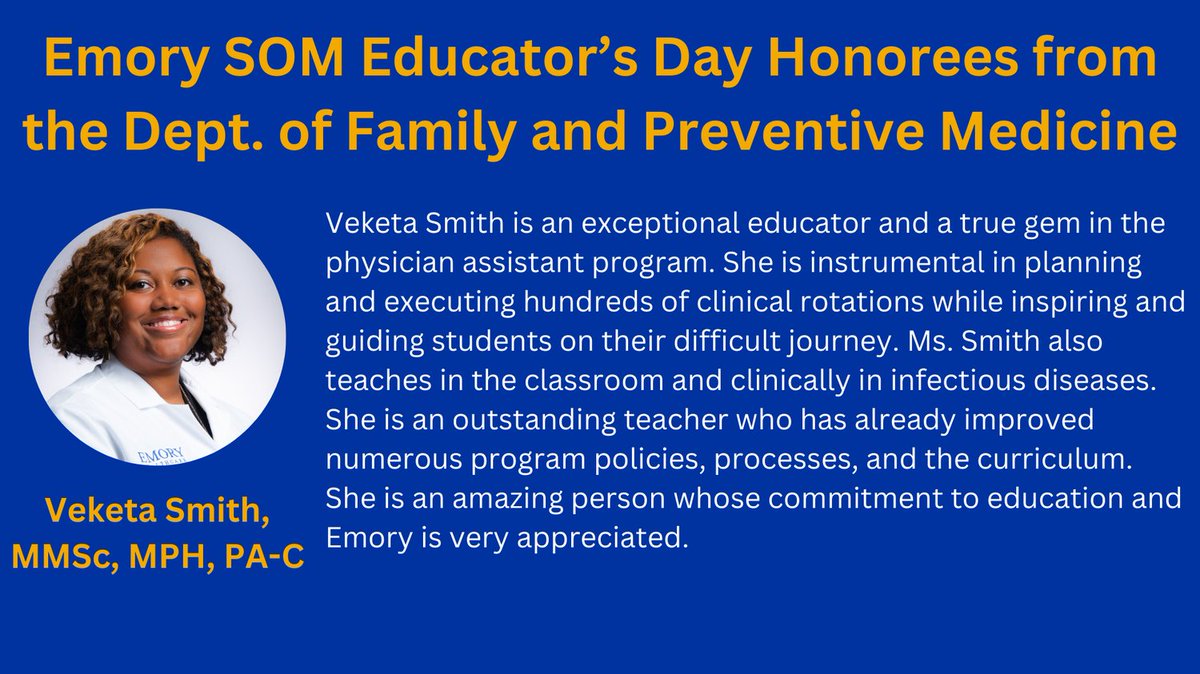 Emory Dept of Family & Preventive Medicine (@emoryfammed) on Twitter photo Shout-out to <a href="/EmoryPASOM/">Emory PA Program</a> faculty Veketa Smith, honored for <a href="/EmoryMedicine/">Emory School of Medicine</a> 2024 Educator's Day! Shout-out to <a href="/EmoryPASOM/">Emory PA Program</a> faculty Veketa Smith, honored for <a href="/EmoryMedicine/">Emory School of Medicine</a> 2024 Educator's Day!