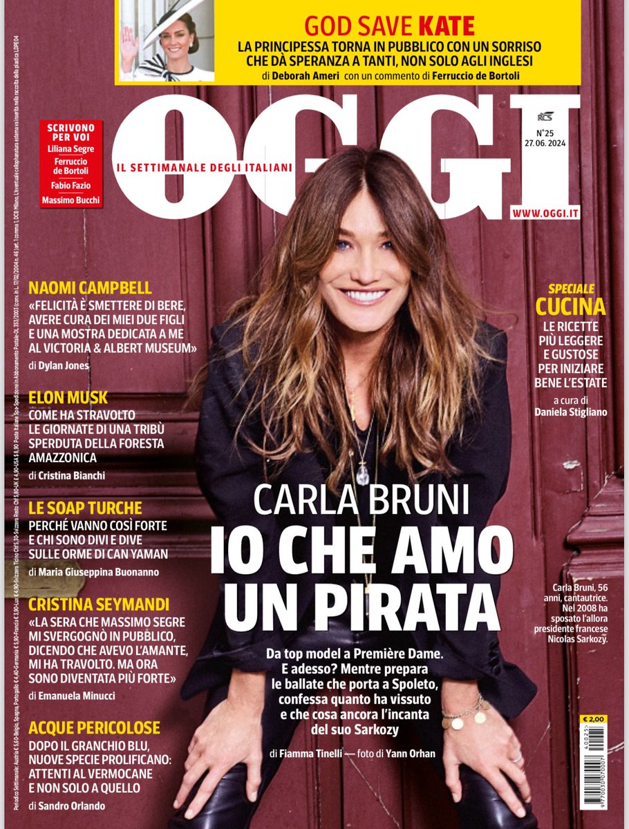 Sul nuovo #OggiSettimanale: #CarlaBruni e il pirata Sarkozy; il ritorno di #Kate; mamma #Naomi #Campbell; Elon #Musk in Amazzonia; la versione di Cristina #Seymandi; 
le nostre acque pericolose; la cucina estiva. E i solo nostri #MassimoBucchi #LilianaSegre <a href="/fabfazio/">Fabio Fazio</a> <a href="/DeBortoliF/">Ferruccio de Bortoli</a>