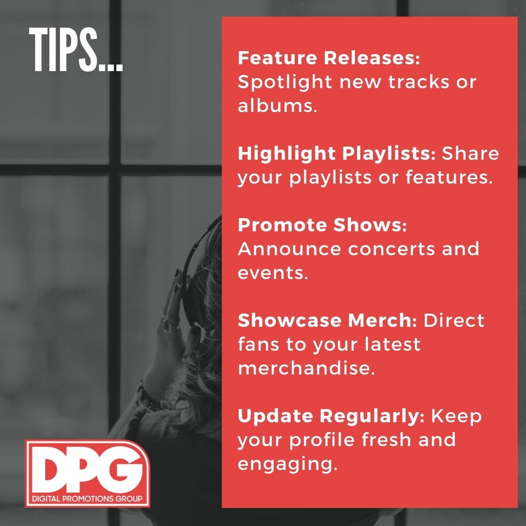 🎵Spotify's 'Artist Pick' lets you spotlight your latest releases, playlists, shows, and merch! Here are some tips on how to make the most out of this feature and keep your profile fresh and engaging. 🎤✨ #SpotifyForArtists #MusicMarketing #Music #DPGWorldwide #GetYourMusicHeard