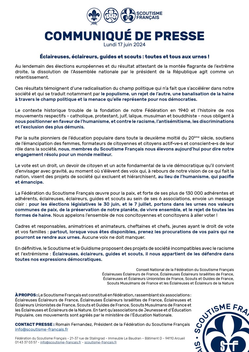 📢Communiqué 📢

Éclaireuses, éclaireurs, guides et scouts: toutes et tous aux urnes !

Retrouvez le communiqué sur notre site internet.
🔗shorturl.at/P422N

@EDLN_officiel <a href="/EEDF_officiel/">Éclaireuses Éclaireurs de France</a> <a href="/EEIF_officiel/">Eclaireuses et Eclaireurs Israélites de France</a> <a href="/EEUdF/">Éclaireuses et Éclaireurs Unionistes de France</a> @sgdf <a href="/ScoutsMusulmans/">Scouts Musulmans FR</a>