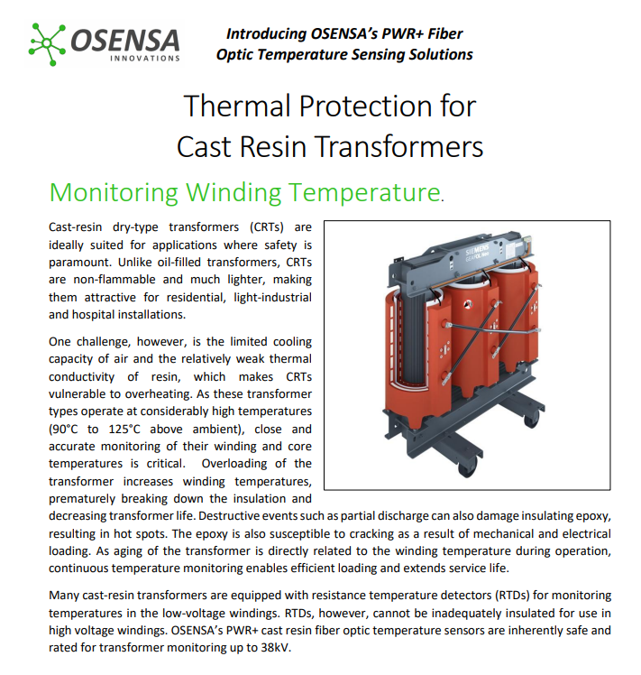 Osensa_Corp's tweet photo. Thermal Protection for Cast Resin Transformers Monitoring Winding Temperature
OSENSA’s PWR+ cast resin fiber optic temperature sensors are inherently safe and rated for transformer monitoring up to 38kV.
https://t.co/c6pnnsV6p4 https://t.co/GxGbuMEV5k