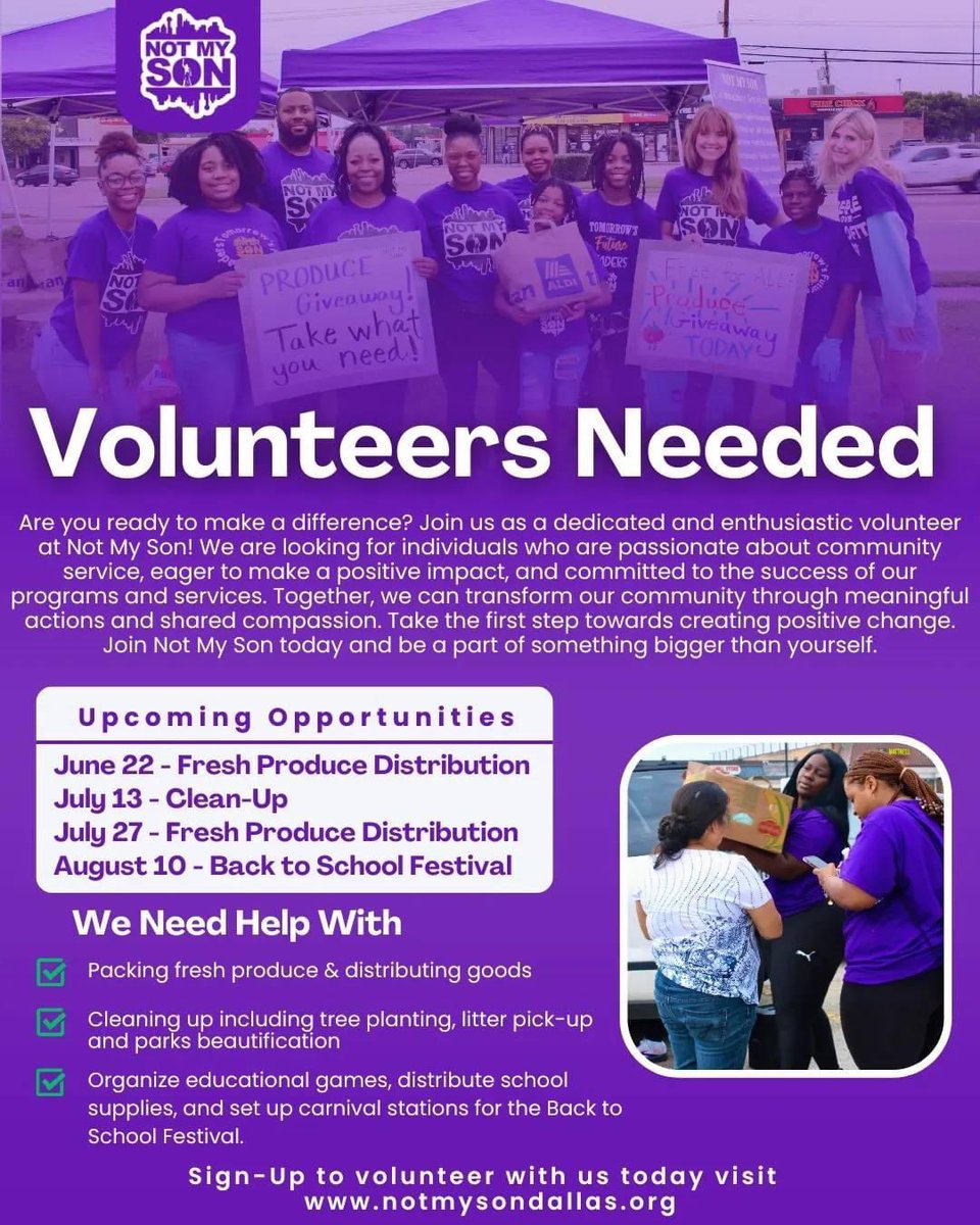 Join us this Saturday, June 22, to make a difference! Not My Son needs volunteers to help build a safer, stronger community. Sign up now and be part of the positive change! Click the link in bio for more summer opportunities.

#NotMySonDFW #VolunteerOpportunity #PurpleTide