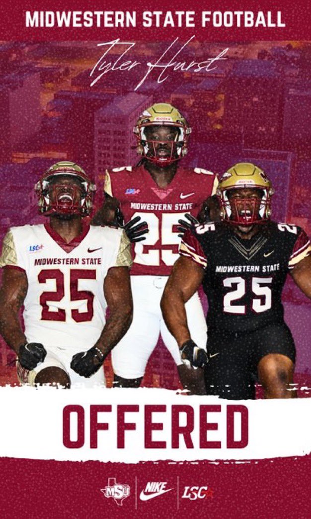 Tyler Hurst (@tyler_h_2025) on Twitter photo #AGTG After a great conversation with <a href="/CoachAlewis/">Anthony Lewis</a> I’m very proud to Announce I have received an offer to play football at the next level at <a href="/MSUTexasFB/">Midwestern State Football</a> I’m grateful for the opportunity to play under Coach Lewis!
John 3:16
<a href="/CoachDuelm/">Myles Duelm</a> <a href="/Coach_Messer/">Coach Messer</a> <a href="/RiebockBilly/">Billy Riebock</a> <a href="/SAReaganFball/">Reagan Football</a> #AGTG After a great conversation with <a href="/CoachAlewis/">Anthony Lewis</a> I’m very proud to Announce I have received an offer to play football at the next level at <a href="/MSUTexasFB/">Midwestern State Football</a> I’m grateful for the opportunity to play under Coach Lewis!
John 3:16
<a href="/CoachDuelm/">Myles Duelm</a> <a href="/Coach_Messer/">Coach Messer</a> <a href="/RiebockBilly/">Billy Riebock</a> <a href="/SAReaganFball/">Reagan Football</a>