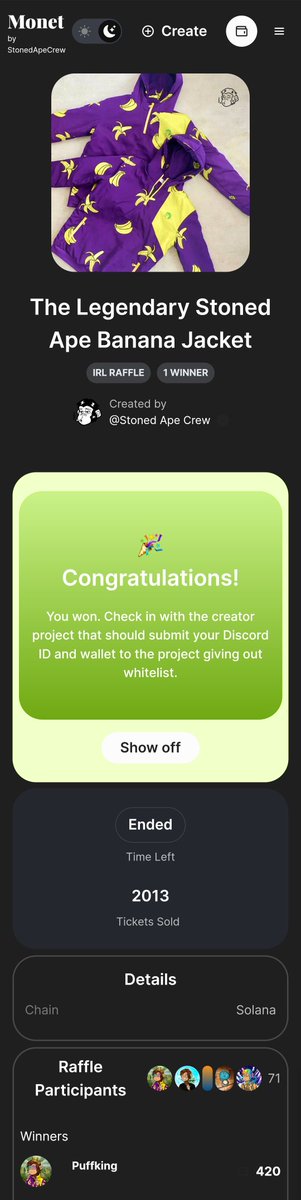 The grail 🍌 jacket has finally arrived!!
Big thanks to <a href="/pfo_sac/">PFO (e/acc)</a> and <a href="/StonedApeCrew/">Stoned Ape Crew</a> for providing the opportunity to win this merch on <a href="/MonetSAC/">Monet | Community, Raffles, and Solana</a>
💨💨