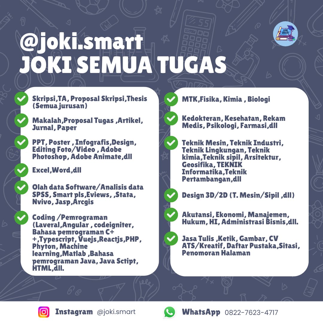 ✨🔍 <a href="/jokismart_/">Joki Smart</a> : Solusi Cepat &amp; Tepat untuk Semua Tugasmu!  📚✨
Butuh bantuan dengan tugas-tugas akademik atau proyek kreatifmu? Kami siap membantu! 🎓💡

Hubungi kami di
Twitter: <a href="/jokismart_/">Joki Smart</a> 
Instagram : <a href="/joki/">joki</a>.smart
WhatsApp:  wa.me/6282276234717