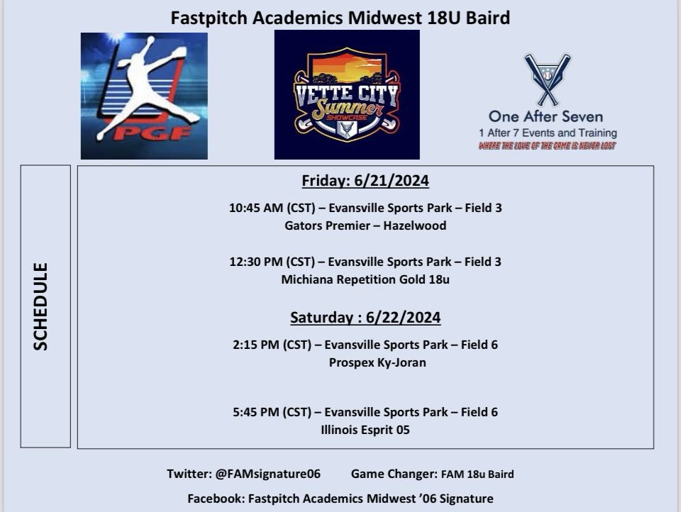 My schedule this weekend with my team <a href="/FAMSignature06/">FAM 16u Signature - Baird</a> in Evansville at the Vette City Showcase! <a href="/RoncalliSball/">Roncalli Softball</a>