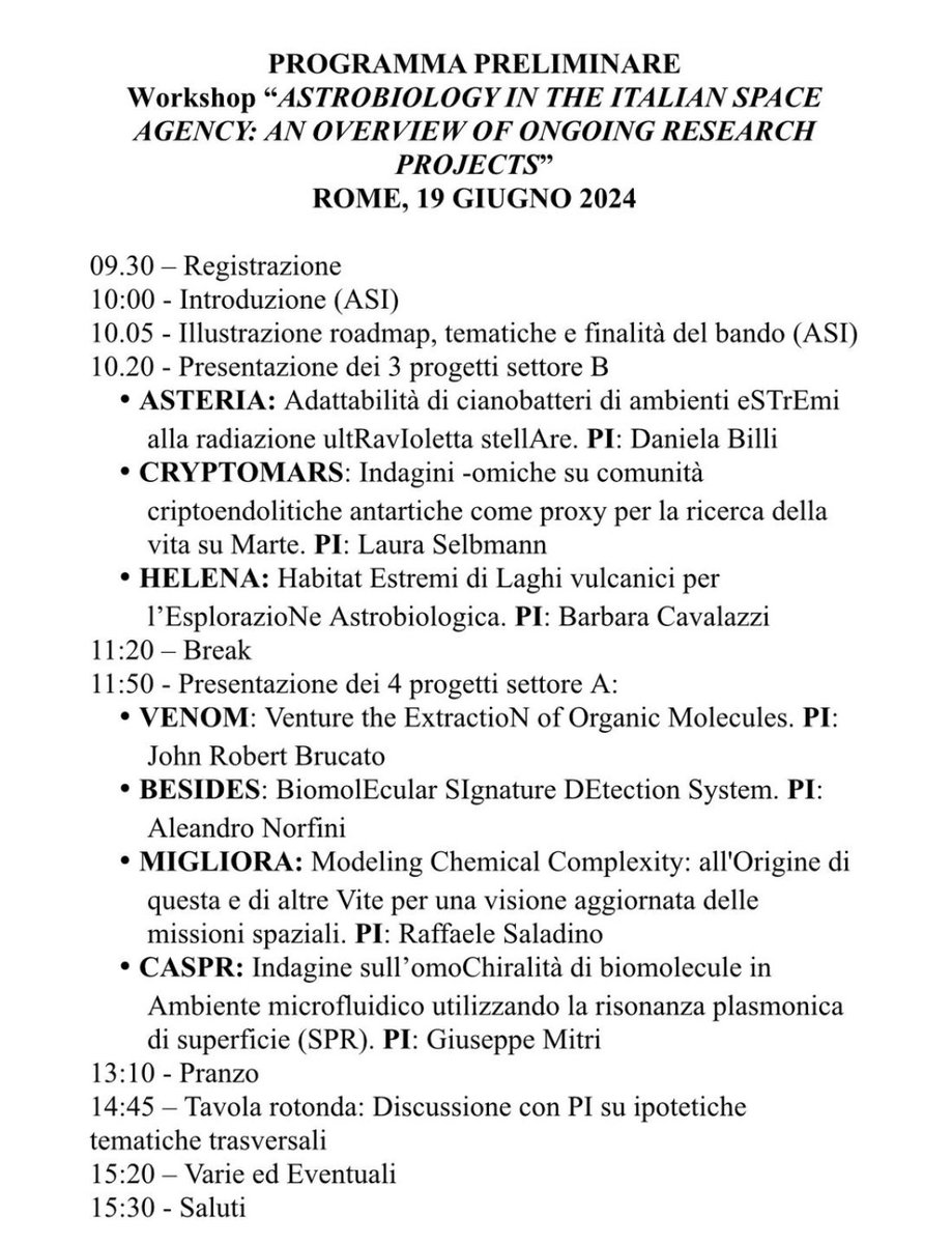 Daniela Billi (@billi_daniela) on Twitter photo Presenting the ASTERIA project at the ASI Workshop :
ASTROBIOLOGY IN THE ITALIAN SPACE AGENCY: AN OVERVIEW OF ONGOING RESEARCH PROJECTS". <a href="/ASI_spazio/">Agenzia Spaziale ITA</a>, <a href="/unitorvergata/">UniversitĆ di Roma Tor Vergata</a> Presenting the ASTERIA project at the ASI Workshop :
ASTROBIOLOGY IN THE ITALIAN SPACE AGENCY: AN OVERVIEW OF ONGOING RESEARCH PROJECTS". <a href="/ASI_spazio/">Agenzia Spaziale ITA</a>, <a href="/unitorvergata/">UniversitĆ di Roma Tor Vergata</a>