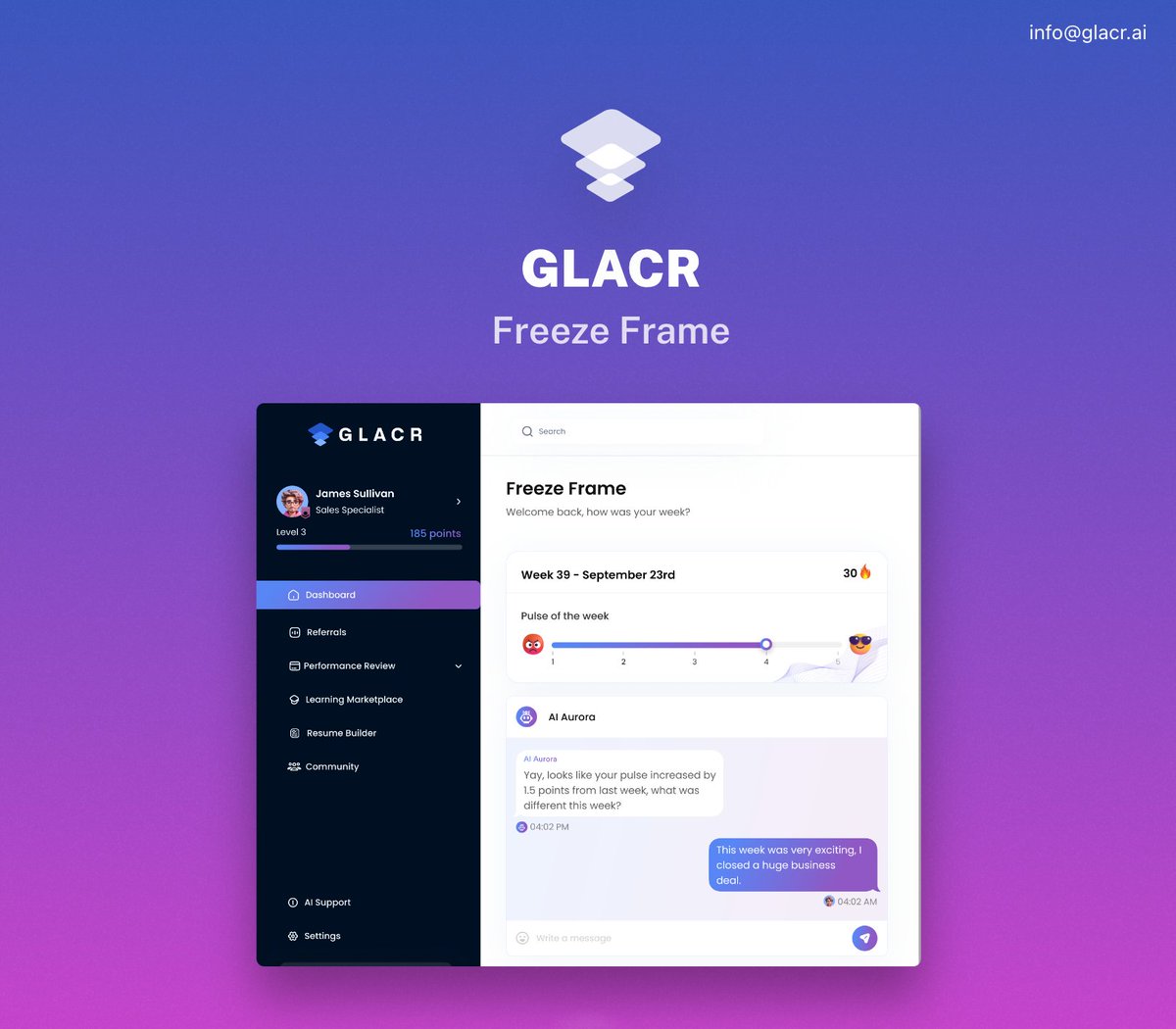 GLACR_AI's tweet photo. Take a peek at our Freeze Frame, where your AI work bestie will talk through your accomplishments of every day, week, or month! Never leave your hard work behind again. 

&amp; don't forget to sign up on the waitlist - https://t.co/6HJgV3WNqo https://t.co/HduGzrn7sY