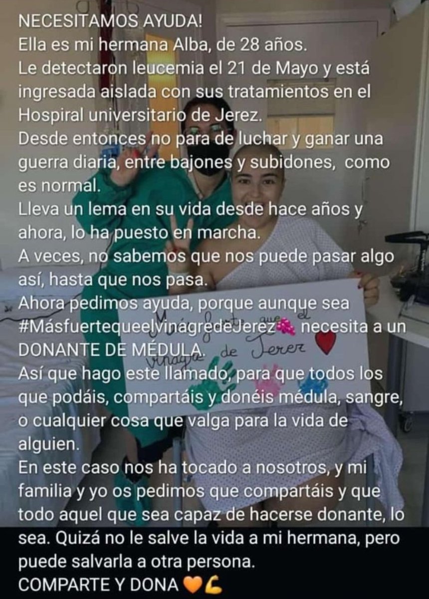 Ahora pedimos ayuda, porque aunque Alba sea #MasfuertequeelvinagredeJerez🍇 necesita un DONANTE DE MÉDULA

Hacemos un llamado, para que todos los que podáis, compartáis y doneis médula, sangre o cualquier cosa que valga la vida de alguien 

HAZ RT PARA QUE LE LLEGUE A MÁS GENTE