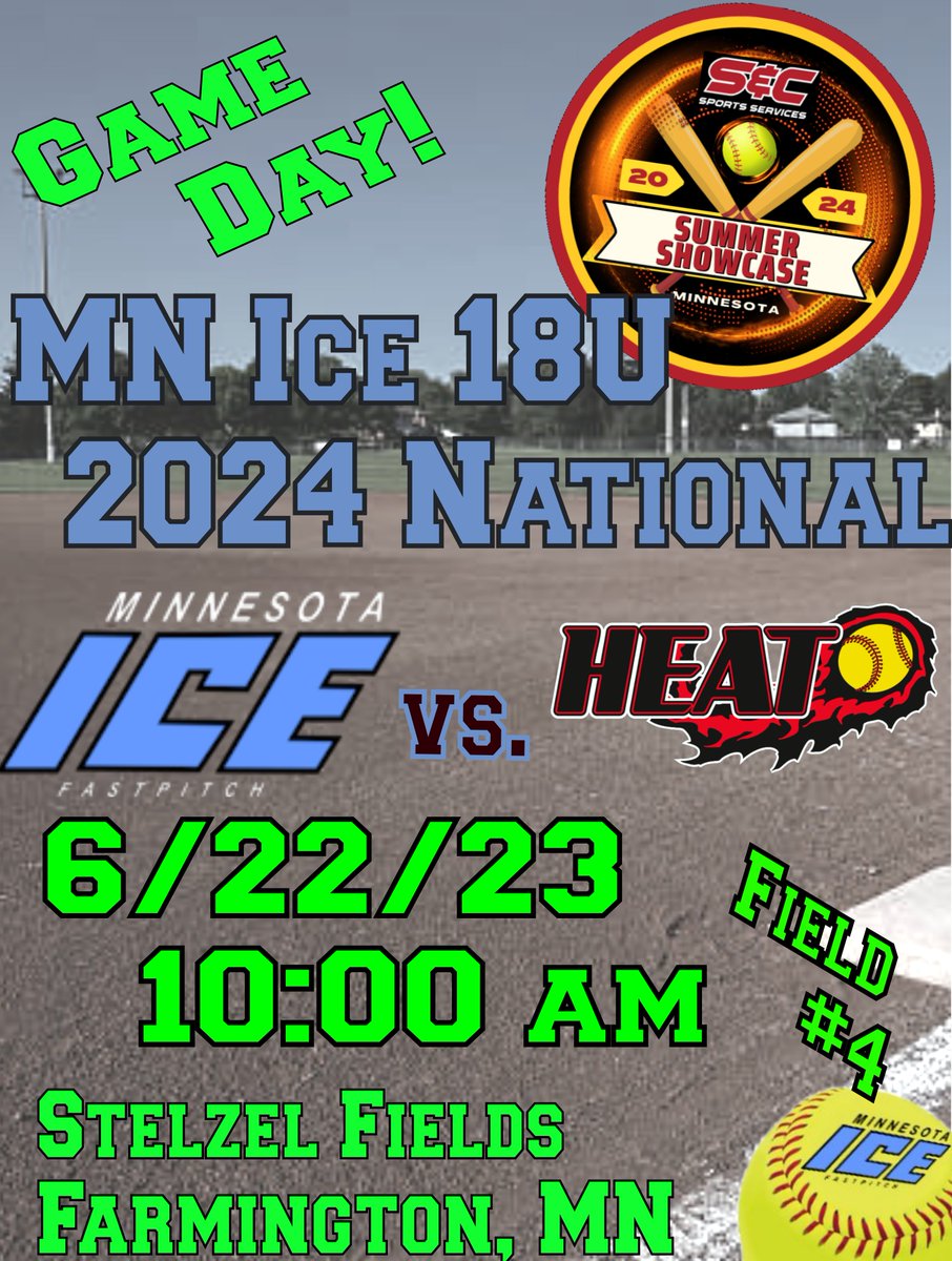 Mnice18UNat2024's tweet photo. The 4th pool play game at the S&amp;C showcase for the MN Ice 18U National will be against the G2 Heat out of Newton, KS.

Saturday June 22 2024
1st Pitch 10:00AM
Stezel Feild #4
Farmington, MN https://t.co/Gk4TrP3k26