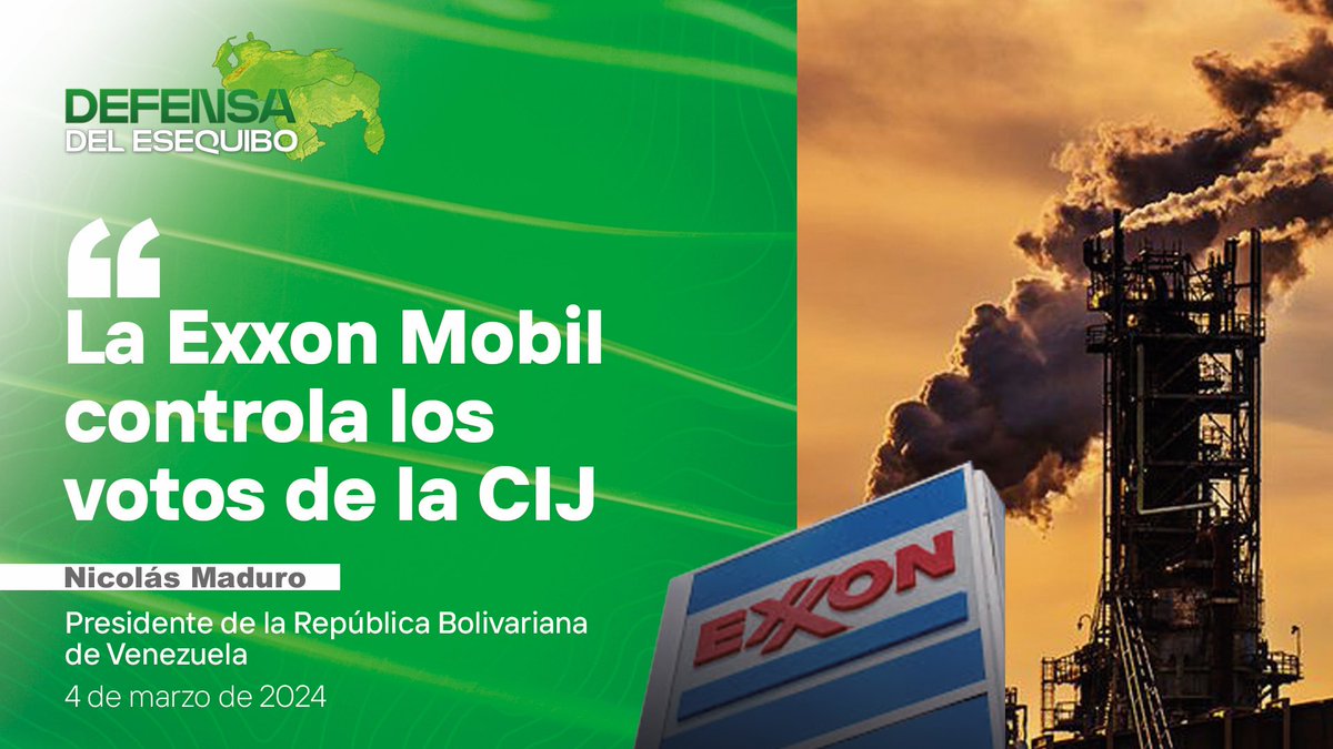 #Venezuela no reconoce ni reconocerá 🤷🏾‍♂️ la jurisdicción de la Corte Internacional de Justicia (#CIJ) ⚖️ respecto a la controversia por la Guayana Esequiba.

Además, denuncia la intervención ilegal de la #EXXONMOBIL 🛢️ en un asunto de exclusiva competencia de 🇬🇾 y 🇻🇪.