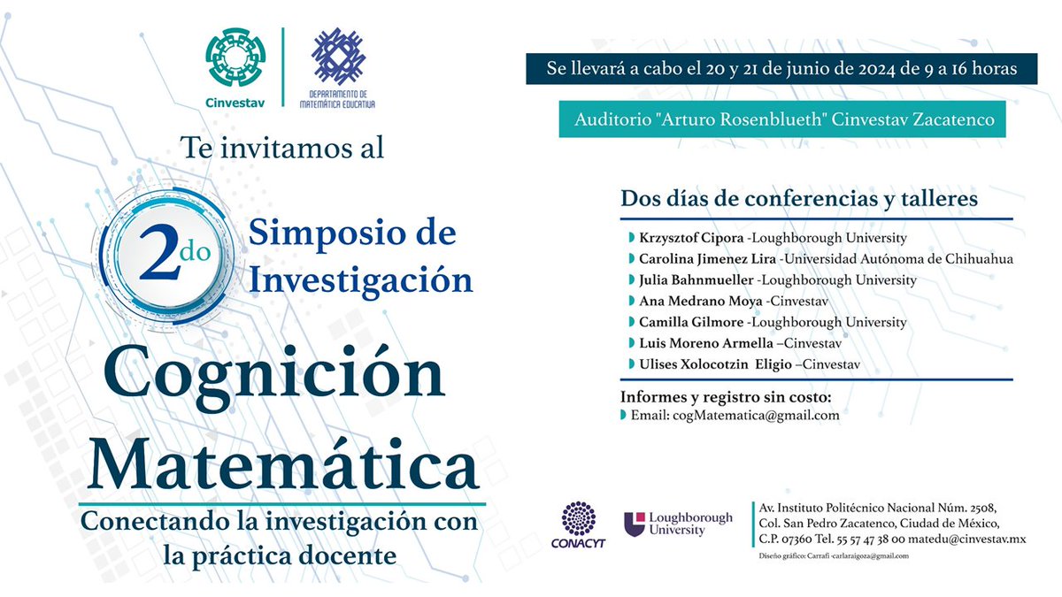 cinvestav's tweet photo. 🚨MAÑANA🚨

¿Cómo aprendemos matemáticas?
2º Simposio de Investigación en Cognición Matemática
🗓️ junio 20 y 21
🕘 9:00 – 16:00
📍 Auditorio Arturo Rosenblueth, Cinvestav Zacatenco
🔗 https://t.co/bhhaIX3Hc8
ℹ️ cogMatematica@gmail.com

Organizan: @MateduCinvestav y @lborocmc https://t.co/eU9pH6YdUd