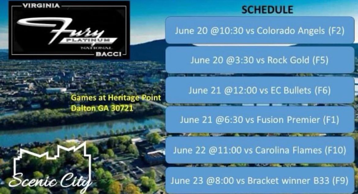 Schedule for Scenic City this weekend!! Can’t wait! <a href="/vafuryplatinum/">Fury Platinum National - Bacci</a>