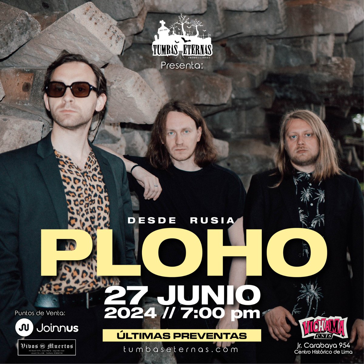 PLOHO EN LIMA
Jueves 27 de Junio
Vichama Conciertos : Jr. Carabaya 954, Centro Historico de Lima.
--------------------
Entradas a la venta en Joinnus :
👉🎫 bit.ly/Ploho_Lima