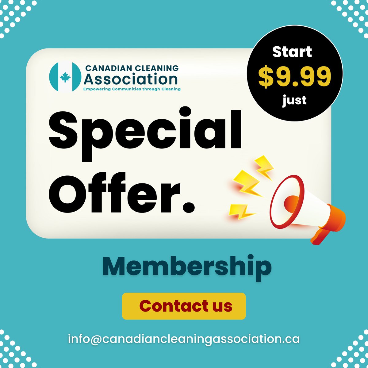 CCAssociation7's tweet image. Special Membership Offer!

Don't miss out on enhancing your cleaning expertise and expanding your professional network! Limited time offer!

#ccaexcellence #CleaningProfessional #membershipspecial #cleaningprosmembership #CanadianCleaningAssociation