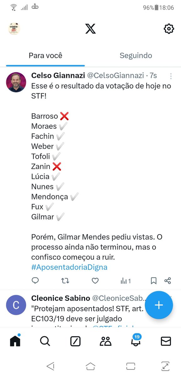 Foram dias e dias lutando por dignidade e justiça para os aposentados do serviço público da cidade de São Paulo. 

E enfim a notícia é que vocês já tem maioria no <a href="/STF_oficial/">STF</a> como eu disse hoje é o dia mais feliz da minha vida. 

Paul brow 
Ativista

#AposentadoriaDigna