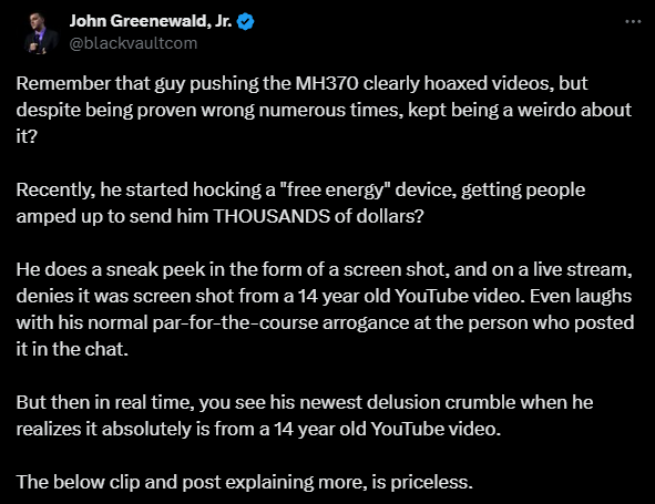AshtonForbes's tweet photo. One of the most surprising parts about the MH370 videos is how people who claim to be for disclosure act like petulant children when they get it. This is a guy who literally sells dildos to make ends meet calling me a weirdo.😂
Anyway, I'm only making this post because that '14 year old video' I shared is a real Overunity device using a magnetic motor. Free Energy goes back much further than that, Takahashi had patented a magnetic motor in 2002, 22 years ago.
All I'm doing is open source investigative work as a service to humanity. Stuff anyone, including John, could have been doing instead of being fed curated FOIAs. Don't blindly believe anything I tell you, verify it for yourself.
Tonight I'll do a short stream recapping Cosmic Summit and showing the '14 year old' Magnetic Motor video again.
Disclaimer: I love my country but come on, this is beyond f'ed up that we're hiding this level of technology from the public.