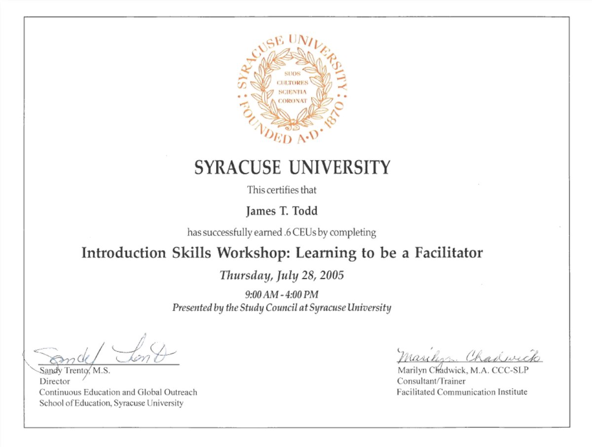 <a href="/FCisnotScience/">Facilitated Communication is Not Science</a> I actually testified about that. Stubblefield claimed to be an FC “master trainer.” Her mother contributed to the “Facilitated Communication Training Standards” and organized FC workshops, including at least one done by several Syracuse insiders. I still have my certificate.