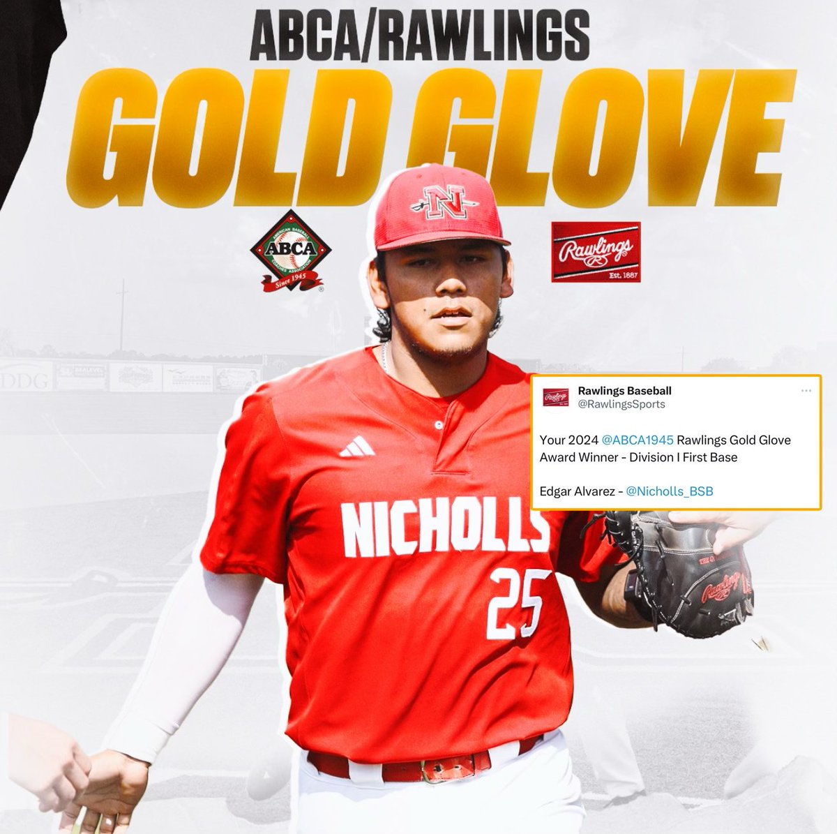 𝙂𝙊𝙇𝘿𝙀𝙉 𝙎𝙏𝘼𝙉𝘿𝘼𝙍𝘿 ⭐️

<a href="/Nicholls_BSB/">Nicholls Baseball</a> 's Edgar Alvarez Earns <a href="/ABCA1945/">ABCA</a> / <a href="/RawlingsSports/">Rawlings Baseball</a> Gold Glove

📑 bit.ly/3Vv0K1Y

#GeauxColonels